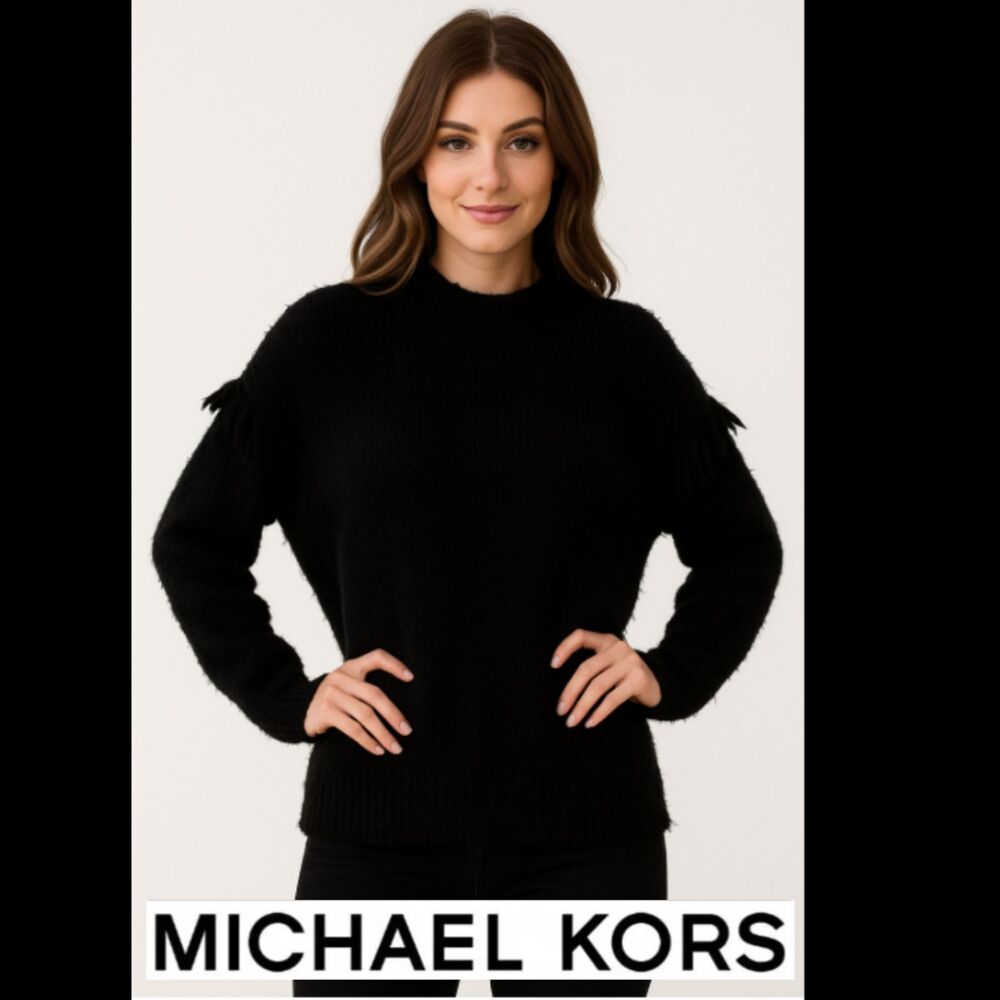 NWT Michael Michael Kors Black, Fringe, Long Sleeve Sweater Top